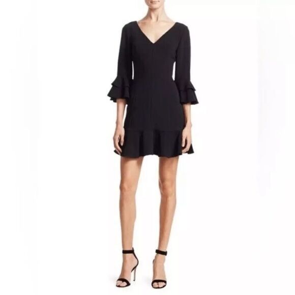 Cinq A Sept Dominique Mini Black Dress Ruffle V Neck Size 6 - Picture 2 of 10
